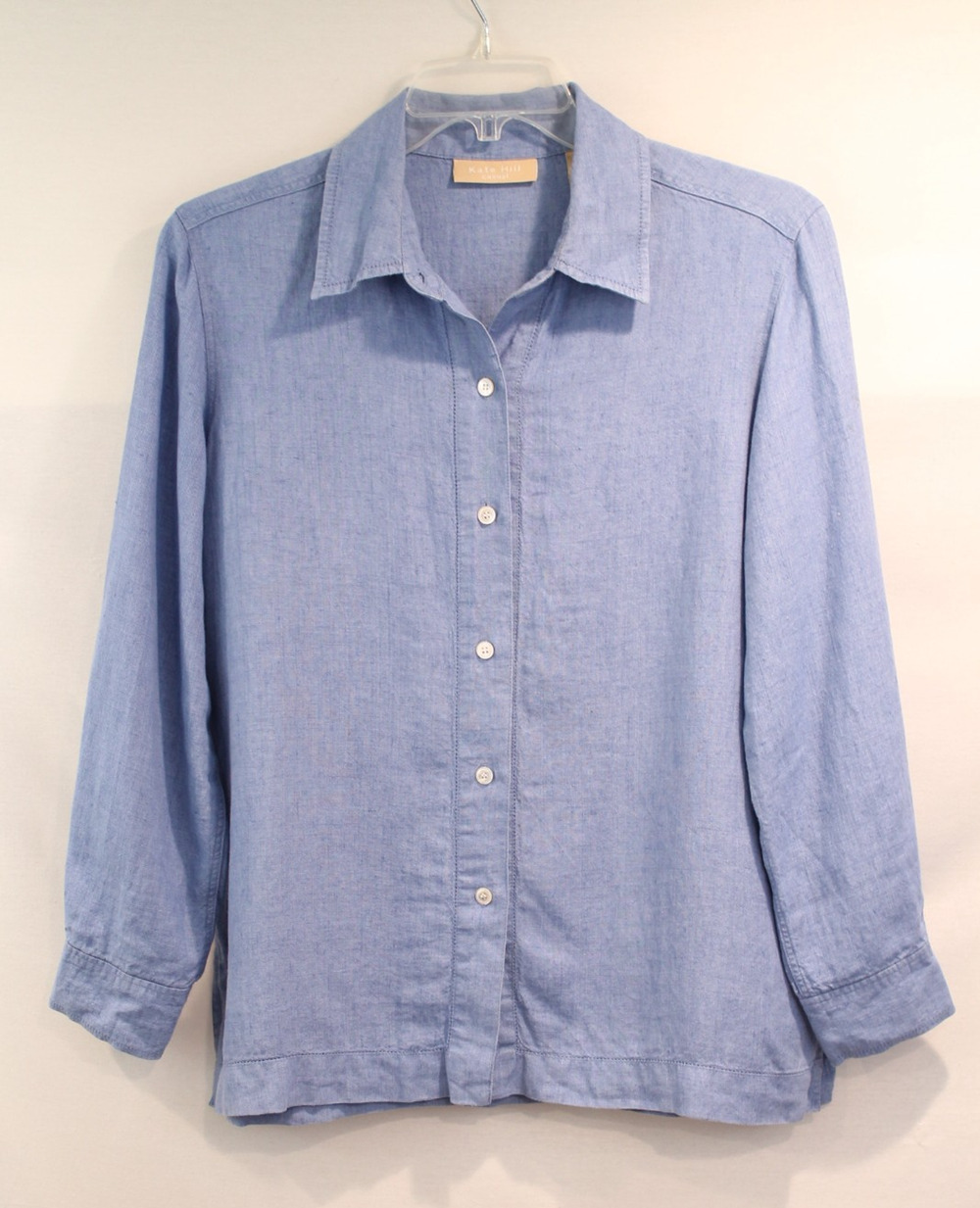 Kate Hill Casual Linen Top Womens size L Blue Collard Long Sleeve Button-Up